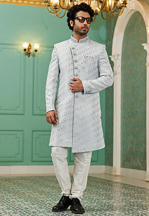 Woven Art Silk Jacquard Sherwani in Light Grey