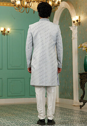 Woven Art Silk Jacquard Sherwani in Light Grey