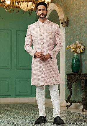 Woven Art Silk Jacquard Sherwani in Light Pink