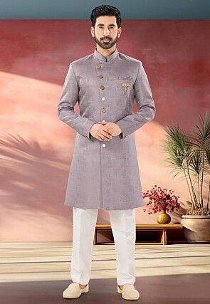 Woven Art Silk Jacquard Sherwani in Light Purple