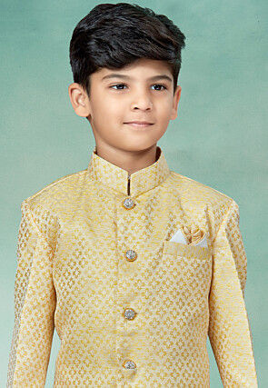 Woven Art Silk Jacquard Sherwani in Light Yellow
