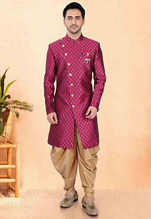 Woven Art Silk Jacquard Sherwani in Magenta