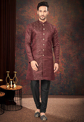 Woven  Art Silk Jacquard Sherwani in Maroon and Black