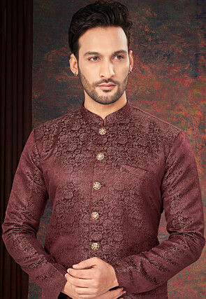 Woven  Art Silk Jacquard Sherwani in Maroon and Black