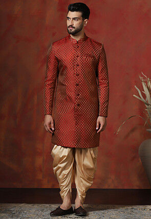 Woven Art Silk Jacquard Sherwani in Maroon