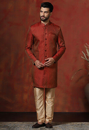 Woven Art Silk Jacquard Sherwani in Maroon