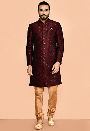 Woven Art Silk Jacquard Sherwani in Maroon