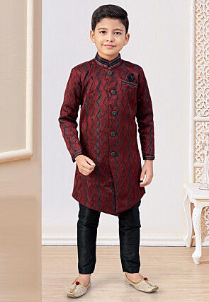 Woven Art Silk Jacquard Sherwani in Maroon