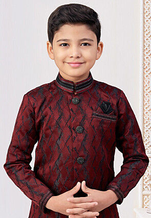Woven Art Silk Jacquard Sherwani in Maroon