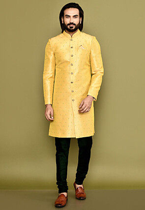 Woven Art Silk Jacquard Sherwani in Mustard