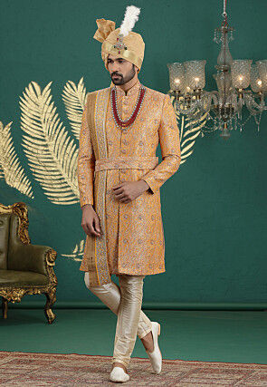Woven Art Silk Jacquard Sherwani in Mustard