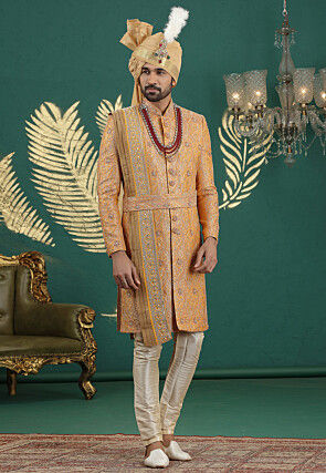 Woven Art Silk Jacquard Sherwani in Mustard