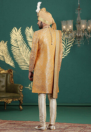 Woven Art Silk Jacquard Sherwani in Mustard