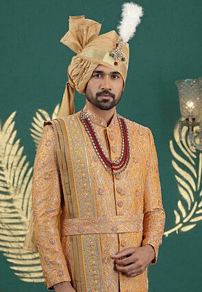 Woven Art Silk Jacquard Sherwani in Mustard