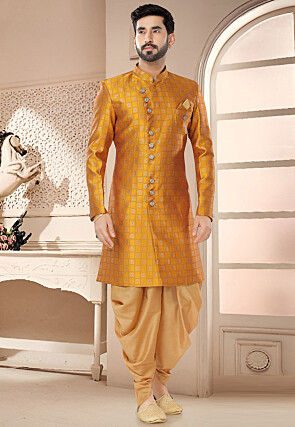 Woven Art Silk Jacquard Sherwani in Mustard