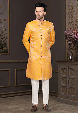 Woven Art Silk Jacquard Sherwani in Mustard