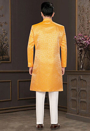 Woven Art Silk Jacquard Sherwani in Mustard