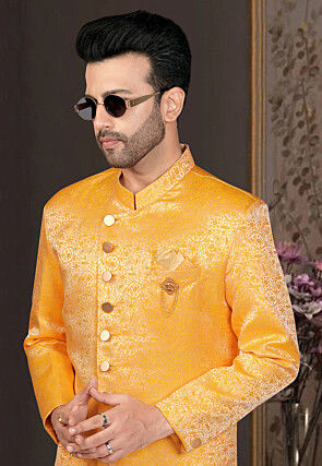 Woven Art Silk Jacquard Sherwani in Mustard