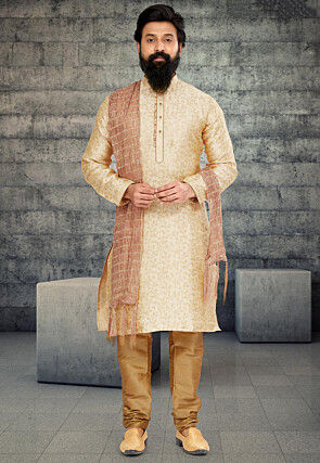 Woven Art Silk Jacquard Sherwani in Cream