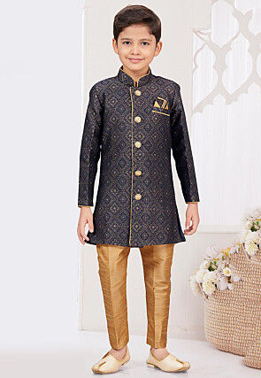 Woven Art Silk Jacquard Sherwani in Navy Blue and Golden