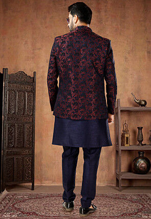 Woven Art Silk Jacquard Sherwani in Navy Blue and Maroon and Navy Blue