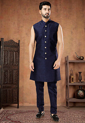 Woven Art Silk Jacquard Sherwani in Navy Blue and Maroon and Navy Blue
