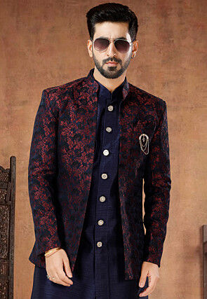 Woven Art Silk Jacquard Sherwani in Navy Blue and Maroon and Navy Blue