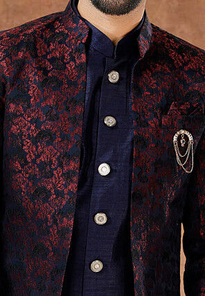 Woven Art Silk Jacquard Sherwani in Navy Blue and Maroon and Navy Blue