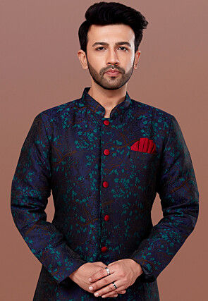 Woven Art Silk Jacquard Sherwani in Navy Blue