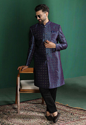 Woven Art Silk Jacquard Sherwani in Navy Blue