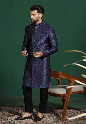 Woven Art Silk Jacquard Sherwani in Navy Blue