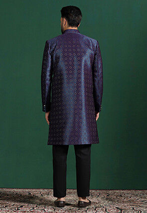 Woven Art Silk Jacquard Sherwani in Navy Blue