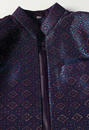Woven Art Silk Jacquard Sherwani in Navy Blue