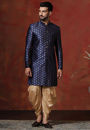 Woven Art Silk Jacquard Sherwani in Navy Blue