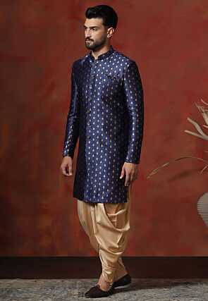 Woven Art Silk Jacquard Sherwani in Navy Blue