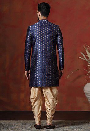 Woven Art Silk Jacquard Sherwani in Navy Blue
