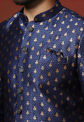 Woven Art Silk Jacquard Sherwani in Navy Blue