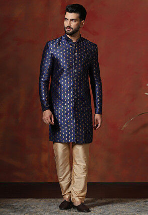 Woven Art Silk Jacquard Sherwani in Navy Blue