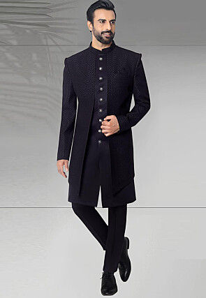 Woven Art Silk Jacquard Sherwani in Navy Blue