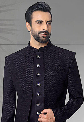 Woven Art Silk Jacquard Sherwani in Navy Blue