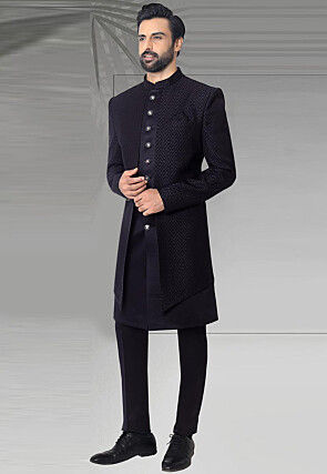 Woven Art Silk Jacquard Sherwani in Navy Blue