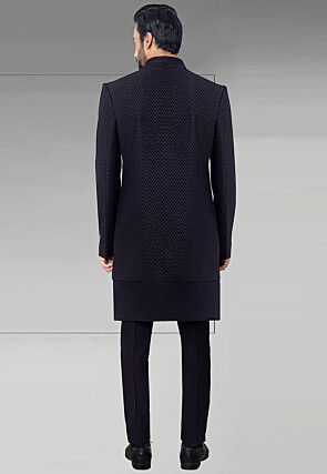 Woven Art Silk Jacquard Sherwani in Navy Blue