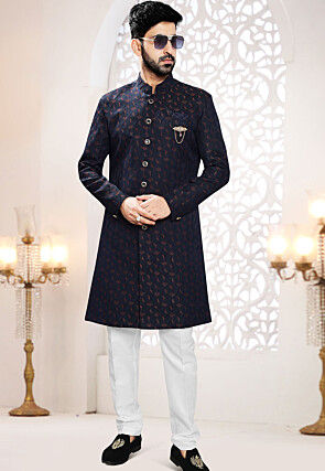 Woven Art Silk Jacquard Sherwani in Navy Blue