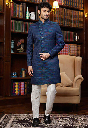 Woven Art Silk Jacquard Sherwani in Navy Blue