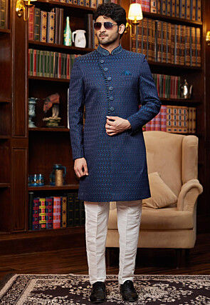 Woven Art Silk Jacquard Sherwani in Navy Blue