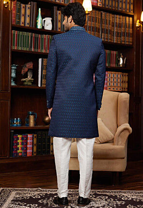 Woven Art Silk Jacquard Sherwani in Navy Blue