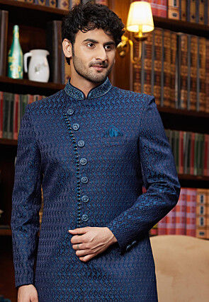 Woven Art Silk Jacquard Sherwani in Navy Blue