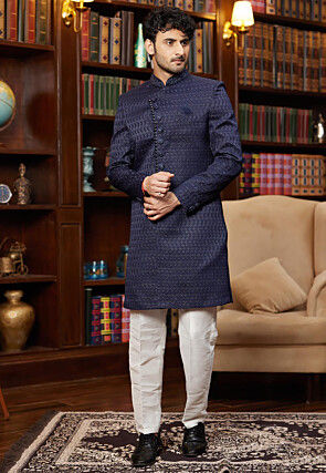 Woven Art Silk Jacquard Sherwani in Navy Blue