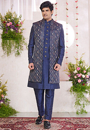 Woven Art Silk Jacquard Sherwani in Navy Blue