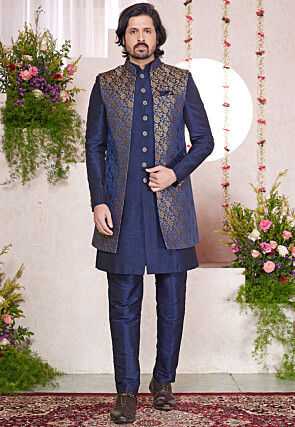 Woven Art Silk Jacquard Sherwani in Navy Blue